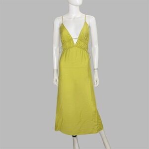 H&M Yellow-Green Sleeveless Drawstring Calf Length Low Cut V-Neck Midi Dress‎